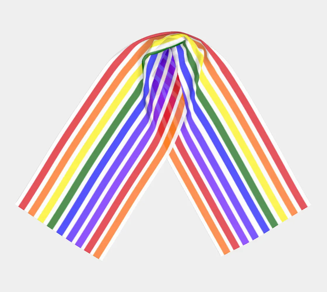 Long silk scarf featuring bold rainbow stripes in ROYGBIV colors, designed by Solar Spectrum Press