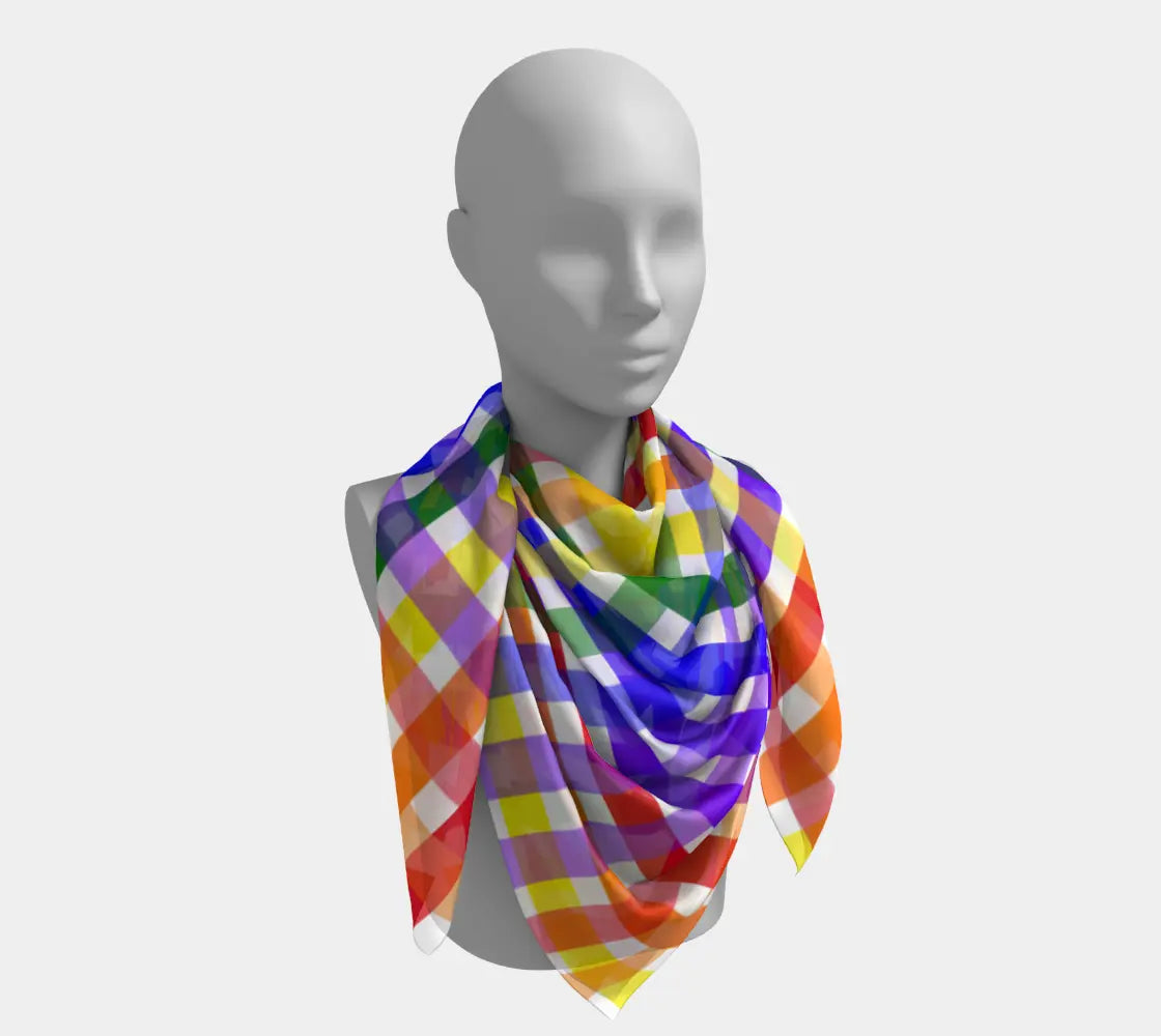 Colorful ROYGBIV plaid square silk scarf with vibrant rainbow hues, lightweight and soft, from Solar Spectrum Press.