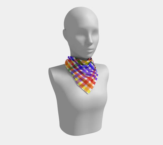 Square silk scarf in vibrant ROYGBIV plaid pattern by Solar Spectrum Press, showcasing colorful rainbow stripes.