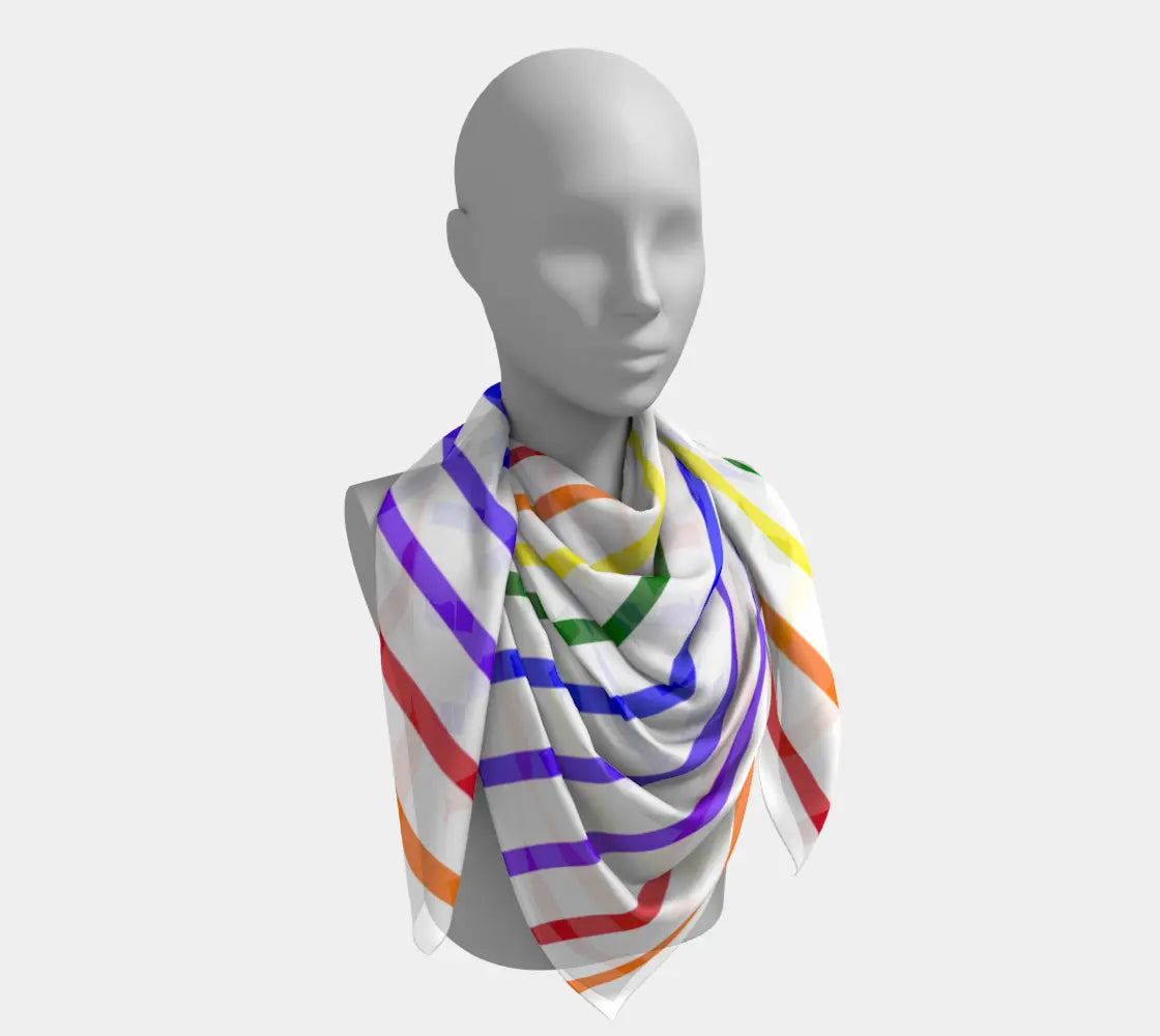 Small square silk scarf with vertical rainbow stripes in ROYGBIV colors by Solar Spectrum Press.