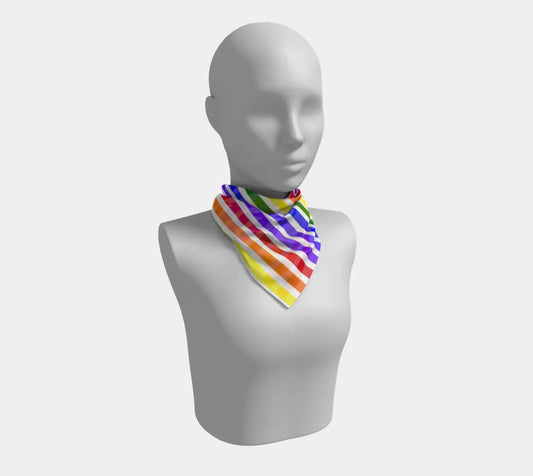 Large ROYGBIV square scarf with horizontal rainbow stripes, made by Solar Spectrum Press, displayed flat showing colorful pattern.