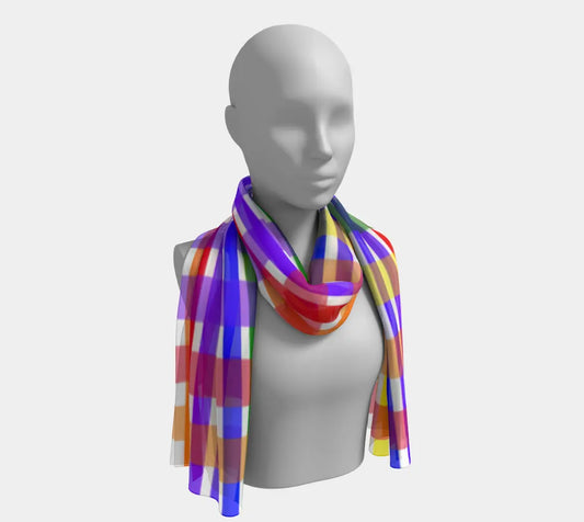 Long silk scarf with a vibrant ROYGBIV plaid pattern from Solar Spectrum Press, showcasing its colorful, soft fabric.