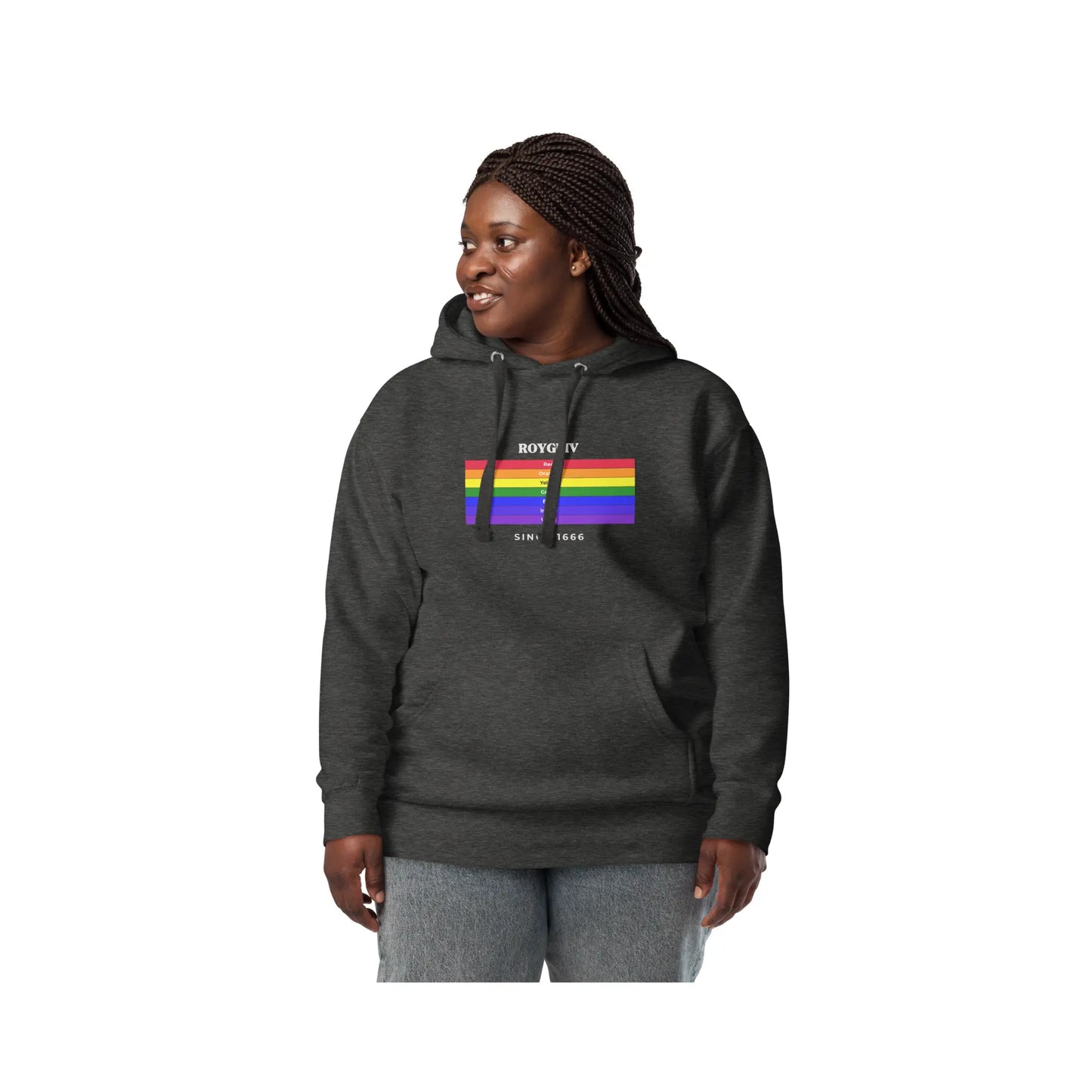 Charcoal heather unisex hoodie with a vibrant ROYGBIV rainbow pattern by Solar Spectrum Press, shown on a model.