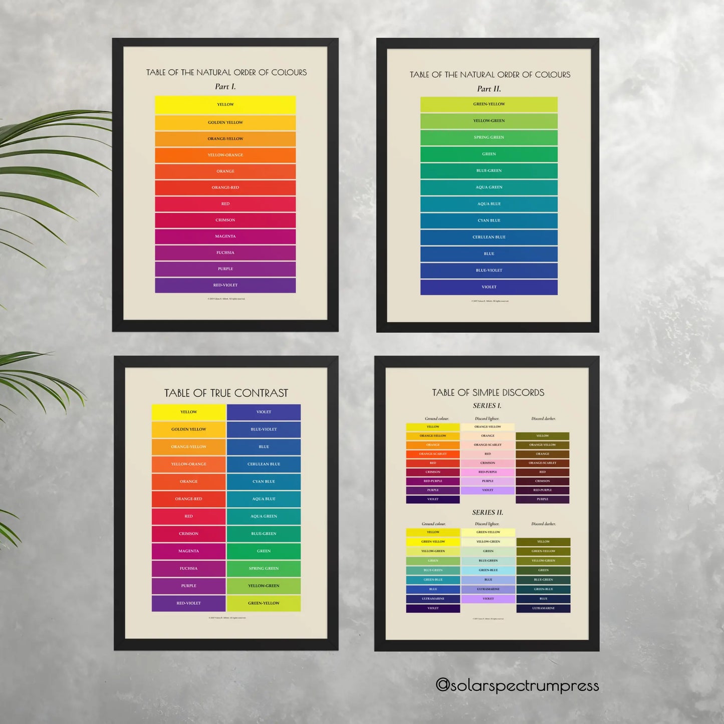 Set of framed Color Theory Charts posters by Solar Spectrum Press, showcasing color relationships and palettes for art and design.