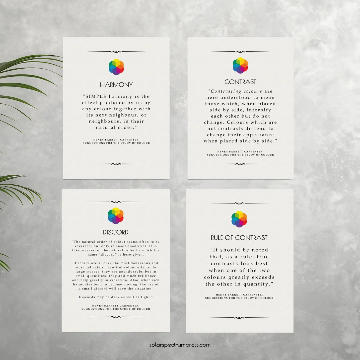 Unframed poster set featuring color theory principles with quotes, designed by Solar Spectrum Press, showcasing vibrant color illustrations.