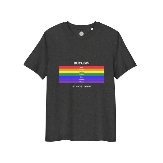 Dark heather gray unisex organic cotton T-shirt featuring a colorful ROYGBIV rainbow design by Solar Spectrum Press.