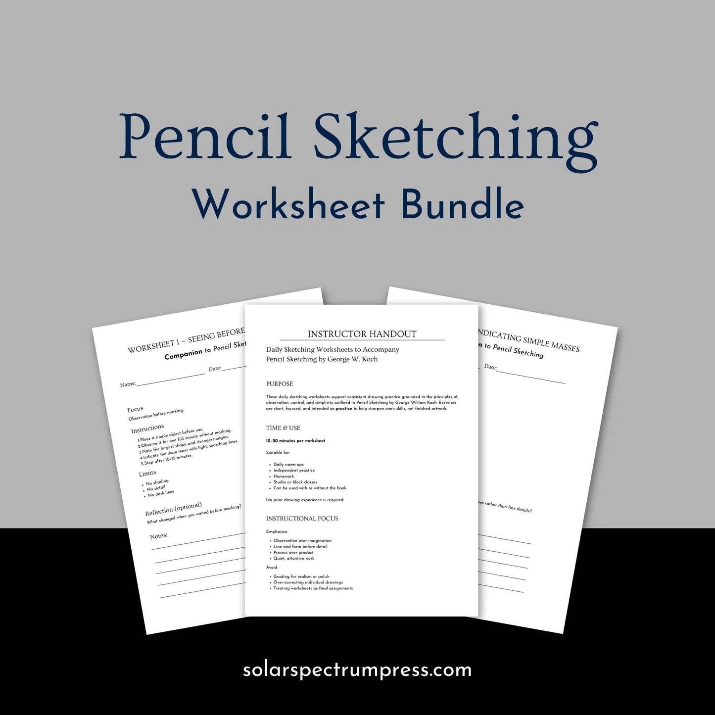 Digital pencil sketching worksheet bundle by Solar Spectrum Press featuring various drawing exercises and practice sheets.