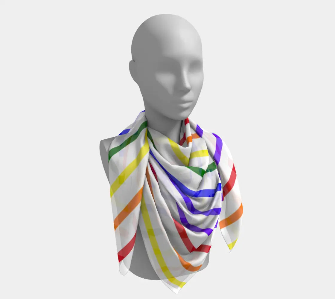 Small horizontal stripe square silk scarf in vibrant rainbow colors by Solar Spectrum Press, showcasing a colorful ROYGBIV pattern.