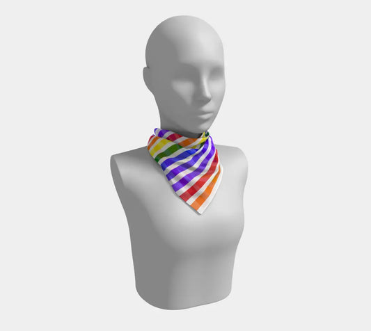 Large square silk scarf with vertical rainbow stripes in ROYGBIV colors, from Solar Spectrum Press.