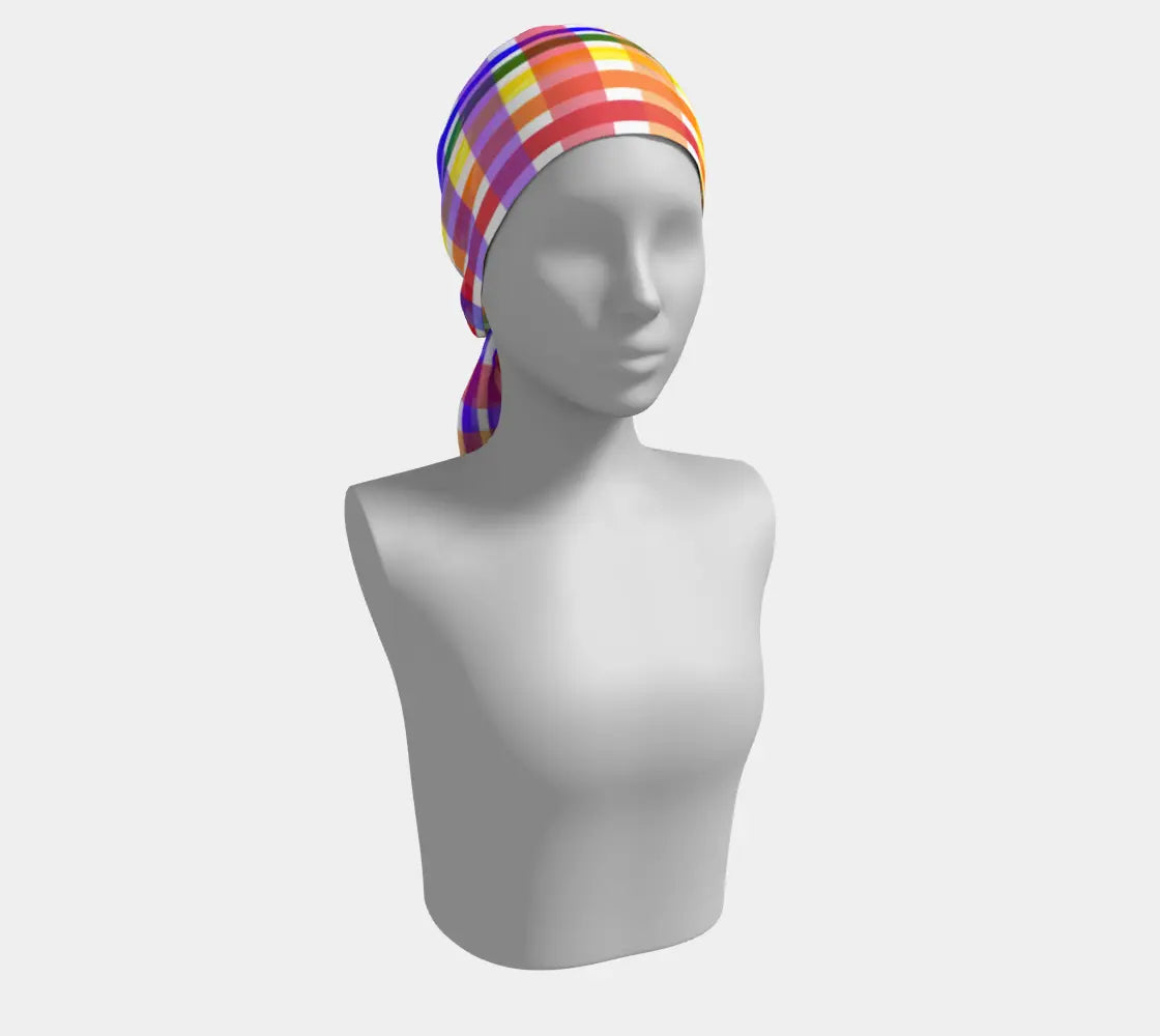 Long silk scarf with a vibrant ROYGBIV plaid pattern, featuring bright rainbow colors and a soft, luxurious texture.