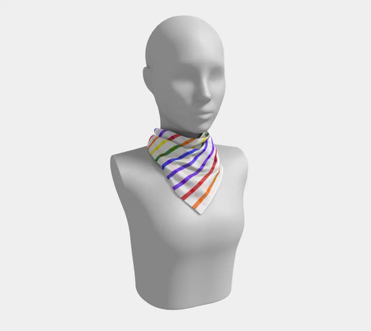 Small square silk scarf with vertical rainbow stripes in ROYGBIV colors, featuring a vibrant and colorful design by Solar Spectrum Press.