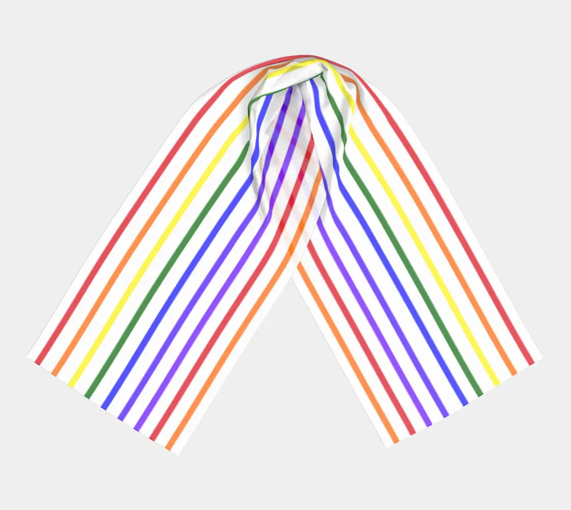 Long silk scarf by Solar Spectrum Press featuring vibrant ROYGBIV rainbow stripes and a subtle stripe pattern.