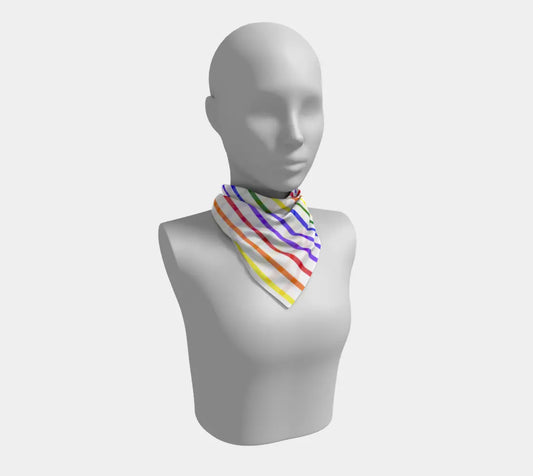 Small square silk scarf with horizontal rainbow stripes in ROYGBIV colors by Solar Spectrum Press