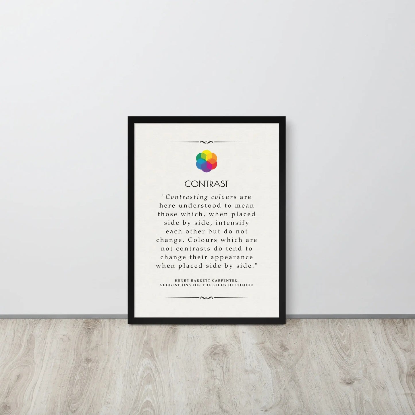 Solar Spectrum Press Contrast Color Theory framed poster on black matte paper, 18x24 inches, showcasing vibrant color swatches.
