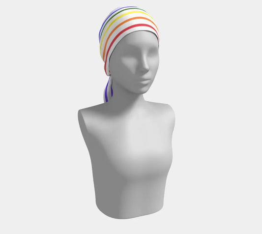 Long silk scarf with small rainbow stripes in ROYGBIV colors, featuring a lightweight, smooth texture from Solar Spectrum Press.