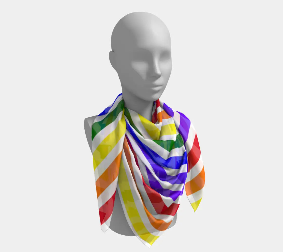 Large square striped scarf featuring vibrant ROYGBIV rainbow horizontal stripes, made by Solar Spectrum Press.