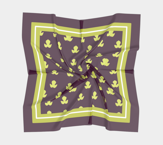 Vintage Dark Purple and Yellow-Green Leaf Square Silk Scarf with Striped Border