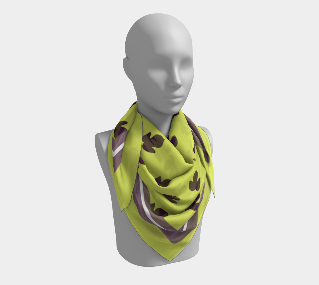 Vintage Yellow-Green Square Silk Scarf with Purple Leaves and Striped Border