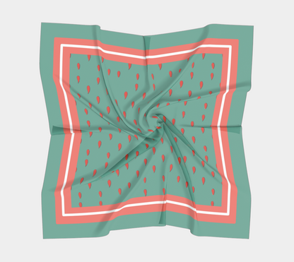Vintage Green-Blue Teardrop Square Silk Scarf with Red Striped Border