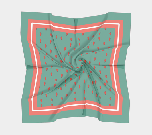Vintage Green-Blue Teardrop Square Silk Scarf with Red Striped Border