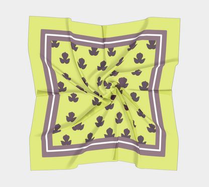 Vintage Yellow-Green Square Silk Scarf with Purple Leaves and Striped Border