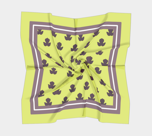 Vintage Yellow-Green Square Silk Scarf with Purple Leaves and Striped Border