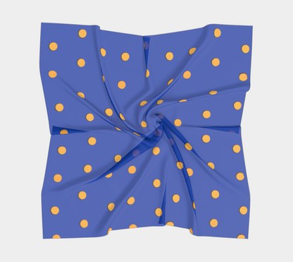 Vintage Blue Square Silk Scarf with Orange Polka Dots