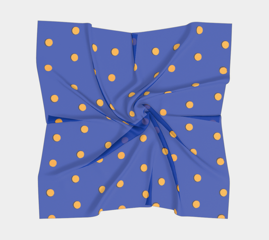 Vintage Blue Square Silk Scarf with Orange Polka Dots