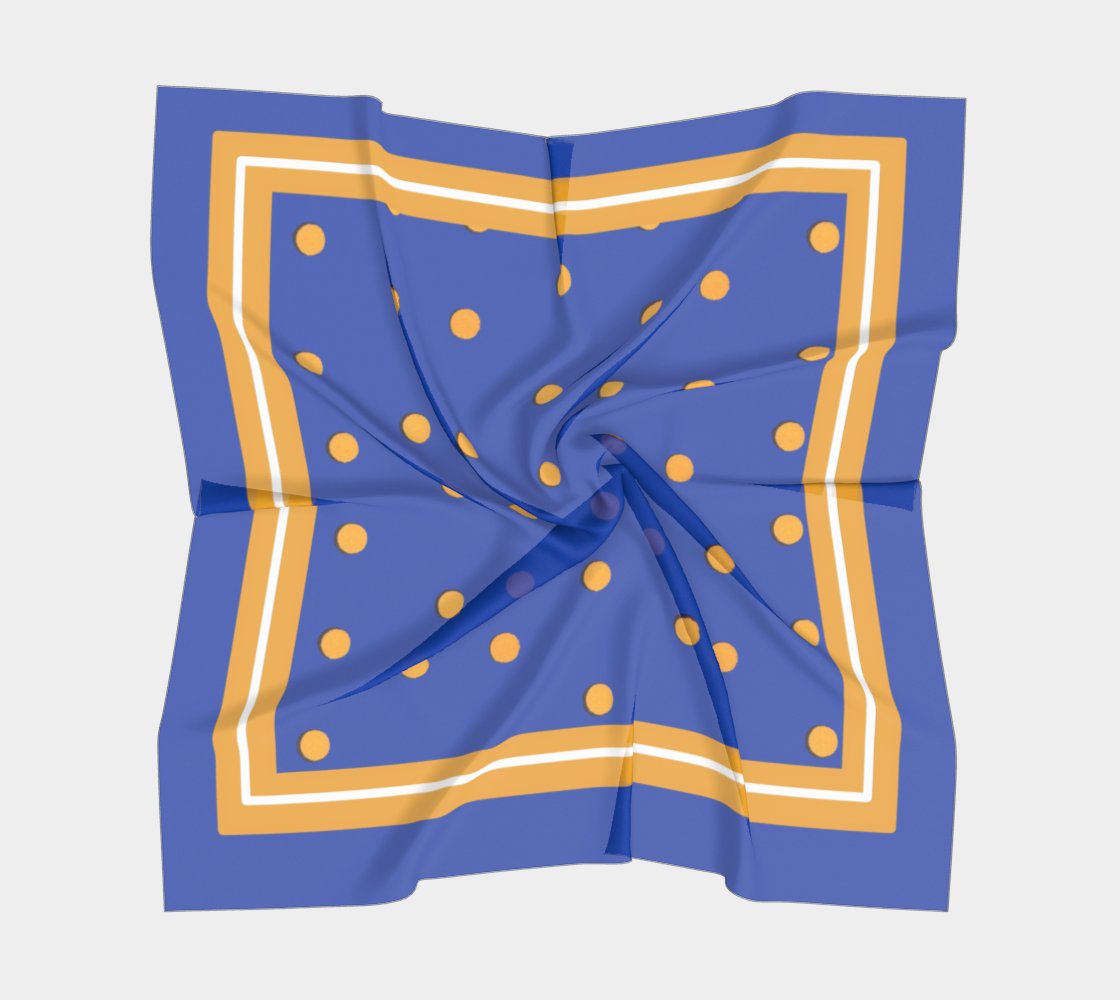Vintage Blue Square Silk Scarf with Orange Polka Dots and Striped Border