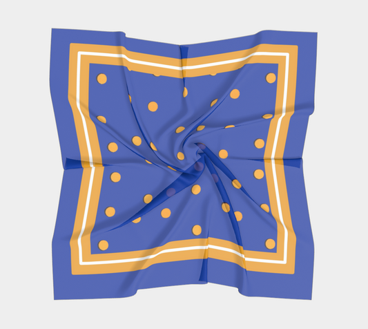 Vintage Blue Square Silk Scarf with Orange Polka Dots and Striped Border