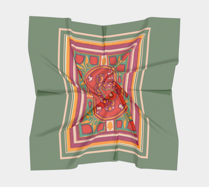 Vintage Sage and Red Floral Square Silk Scarf