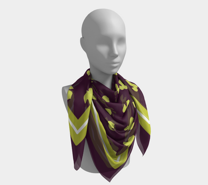 Vintage Dark Purple and Yellow-Green Leaf Square Silk Scarf with Striped Border