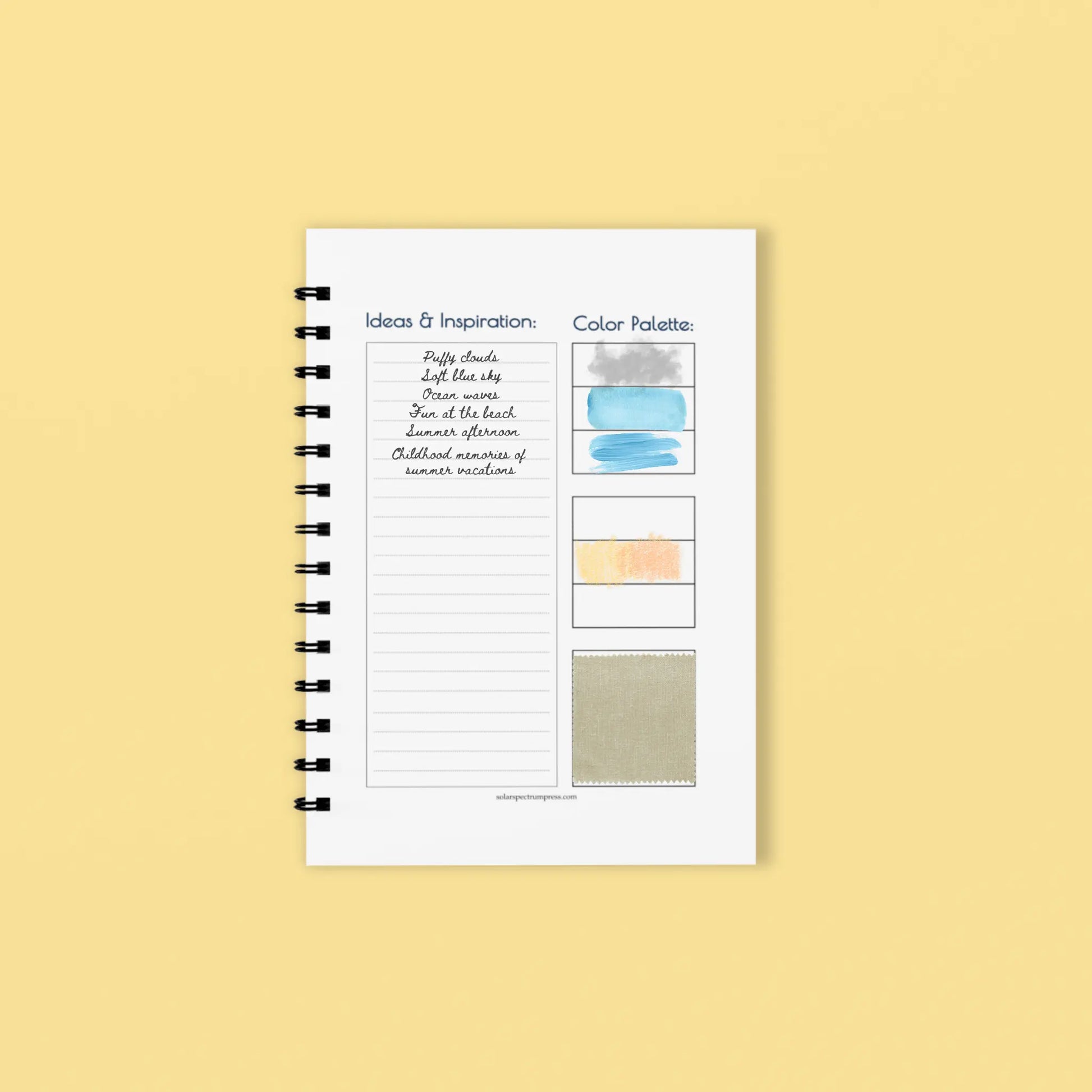 Sample page from Solar Spectrum Press artist's project planning diary notebook with sketches and notes for creative projects.