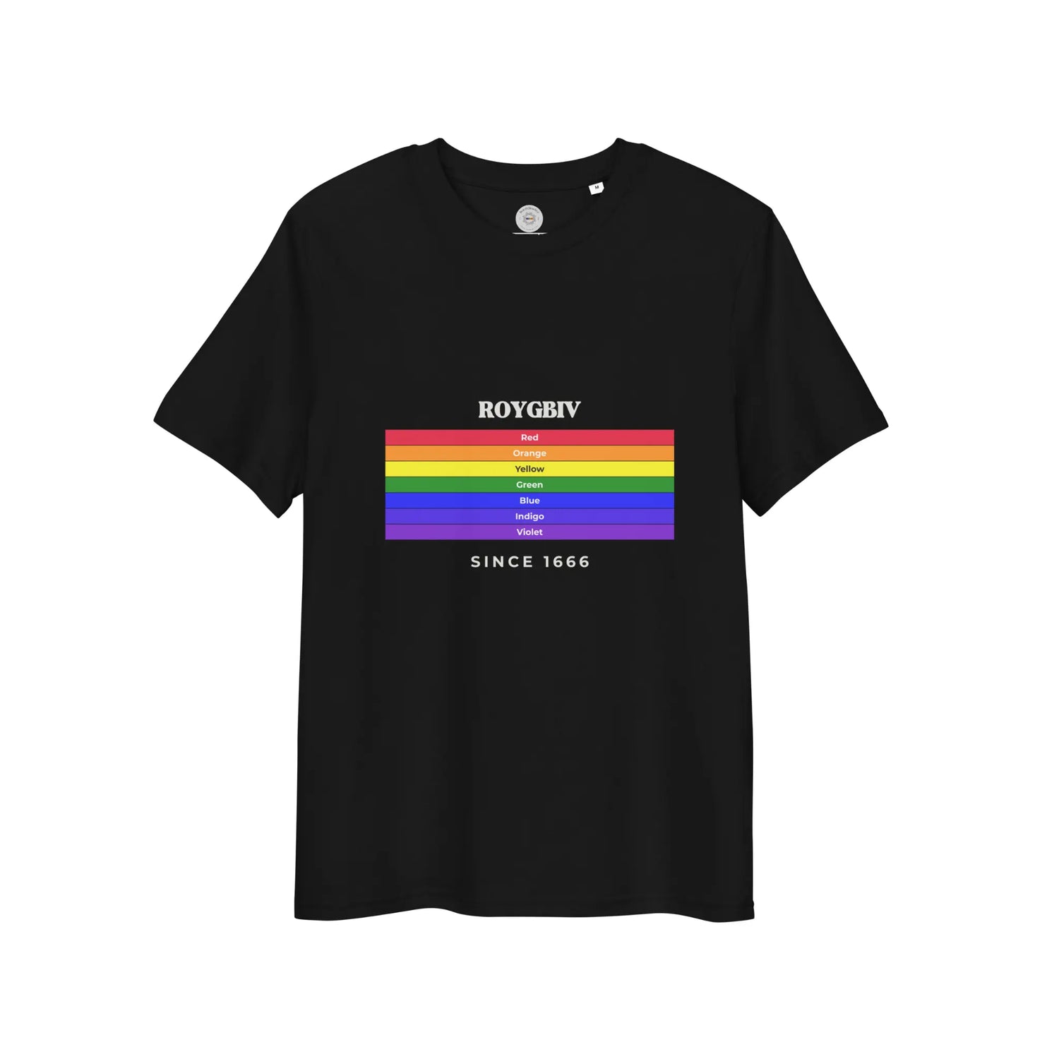 Black unisex organic cotton T-shirt featuring a vibrant ROYGBIV rainbow design from Solar Spectrum Press.