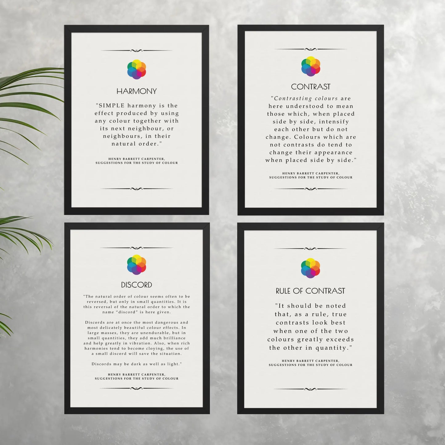 Set of five framed posters featuring vibrant color theory quotes and abstract designs from Solar Spectrum Press.