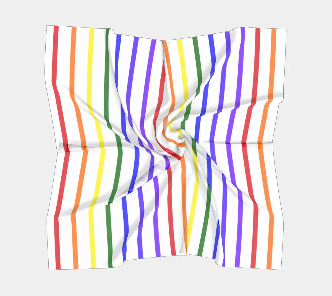 Square silk scarf with vertical rainbow stripes in ROYGBIV colors by Solar Spectrum Press, showcasing vibrant colorful design.