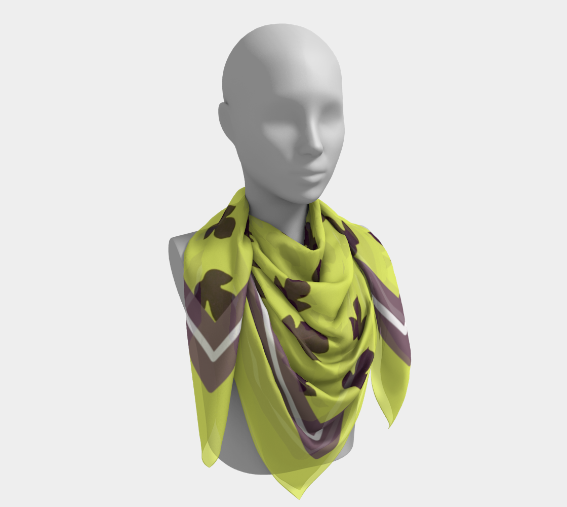 Vintage Yellow-Green Square Silk Scarf with Purple Leaves and Striped Border