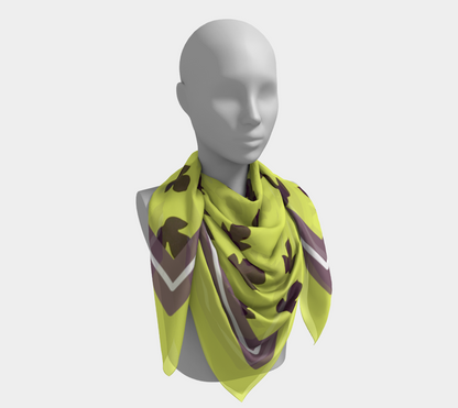 Vintage Yellow-Green Square Silk Scarf with Purple Leaves and Striped Border
