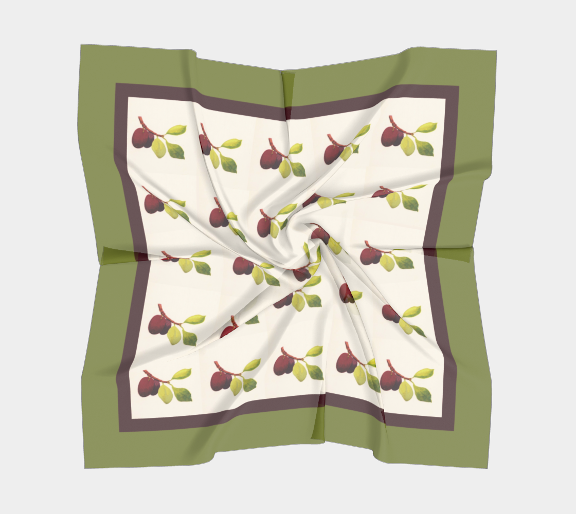 Vintage Plums Tile Square Silk Scarf with Striped Green Border