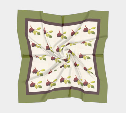 Vintage Plums Tile Square Silk Scarf with Striped Green Border