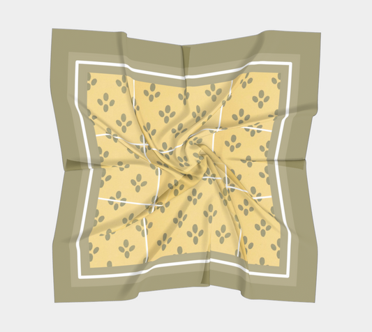 Vintage Olive and Gold Petal Square Silk Scarf