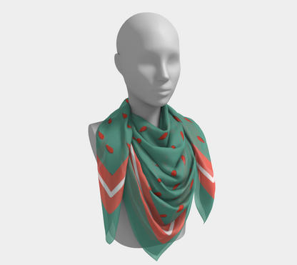 Vintage Green-Blue Teardrop Square Silk Scarf with Red Striped Border