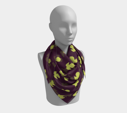 Vintage Dark Purple and Yellow-Green Leaf Square Silk Scarf