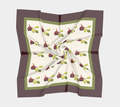 Vintage Plums Tile Pattern Square Silk Scarf with Dark Purple Border