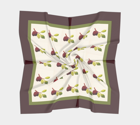 Vintage Plums Tile Pattern Square Silk Scarf with Dark Purple Border