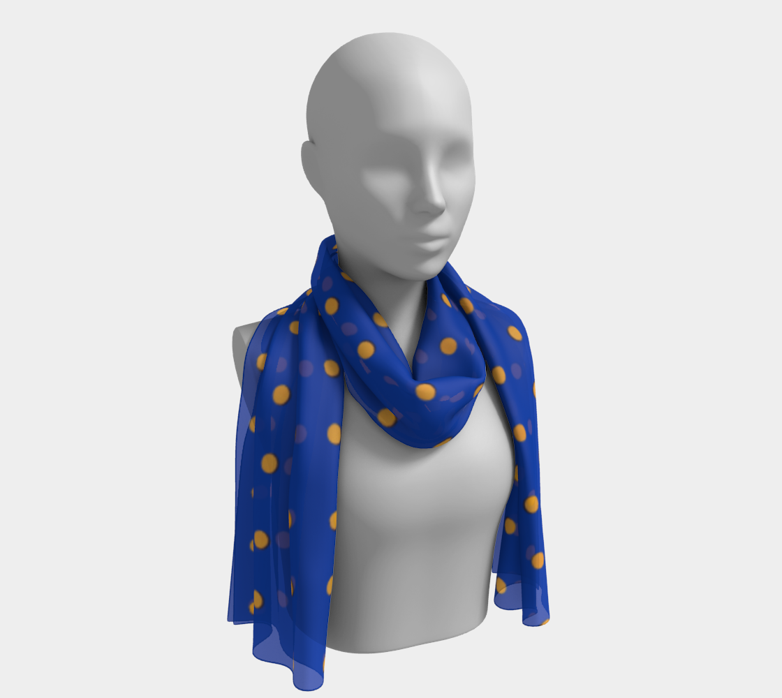 Long Vintage Blue Silk Scarf with Orange Polka Dots