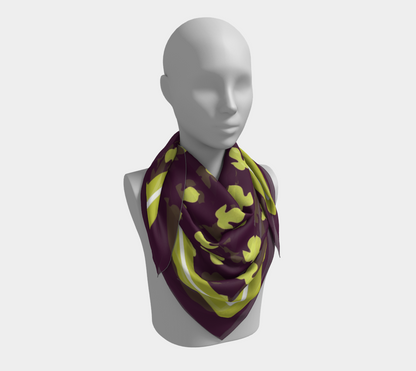 Vintage Dark Purple and Yellow-Green Leaf Square Silk Scarf with Striped Border