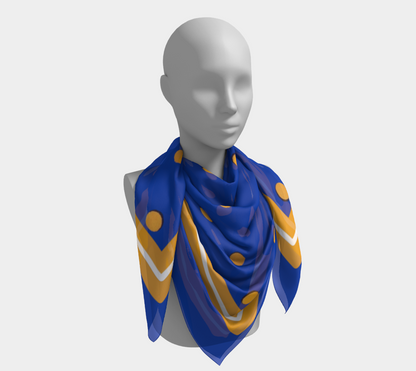 Vintage Blue Square Silk Scarf with Orange Polka Dots and Striped Border