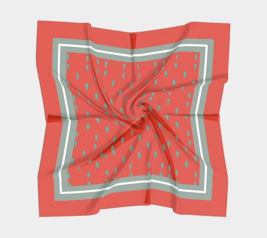 Vintage Red Teardrop Square Silk Scarf with Green-Blue Striped Border