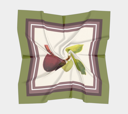 Vintage Botanical Plum Design Square Silk Scarf with Green Border